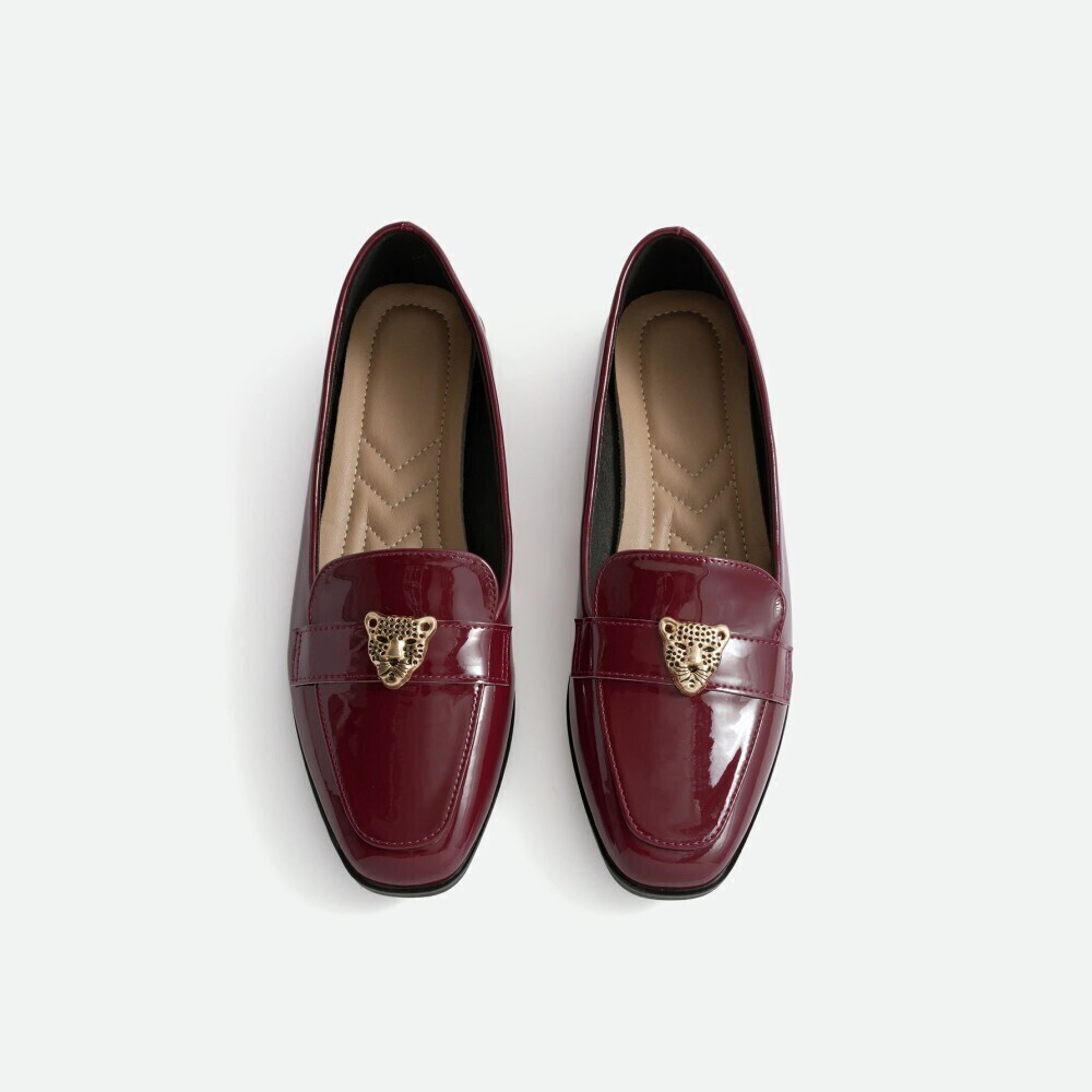 Burgundy Patent Faux Leather Gold Tiger Head Square Toe Loafers